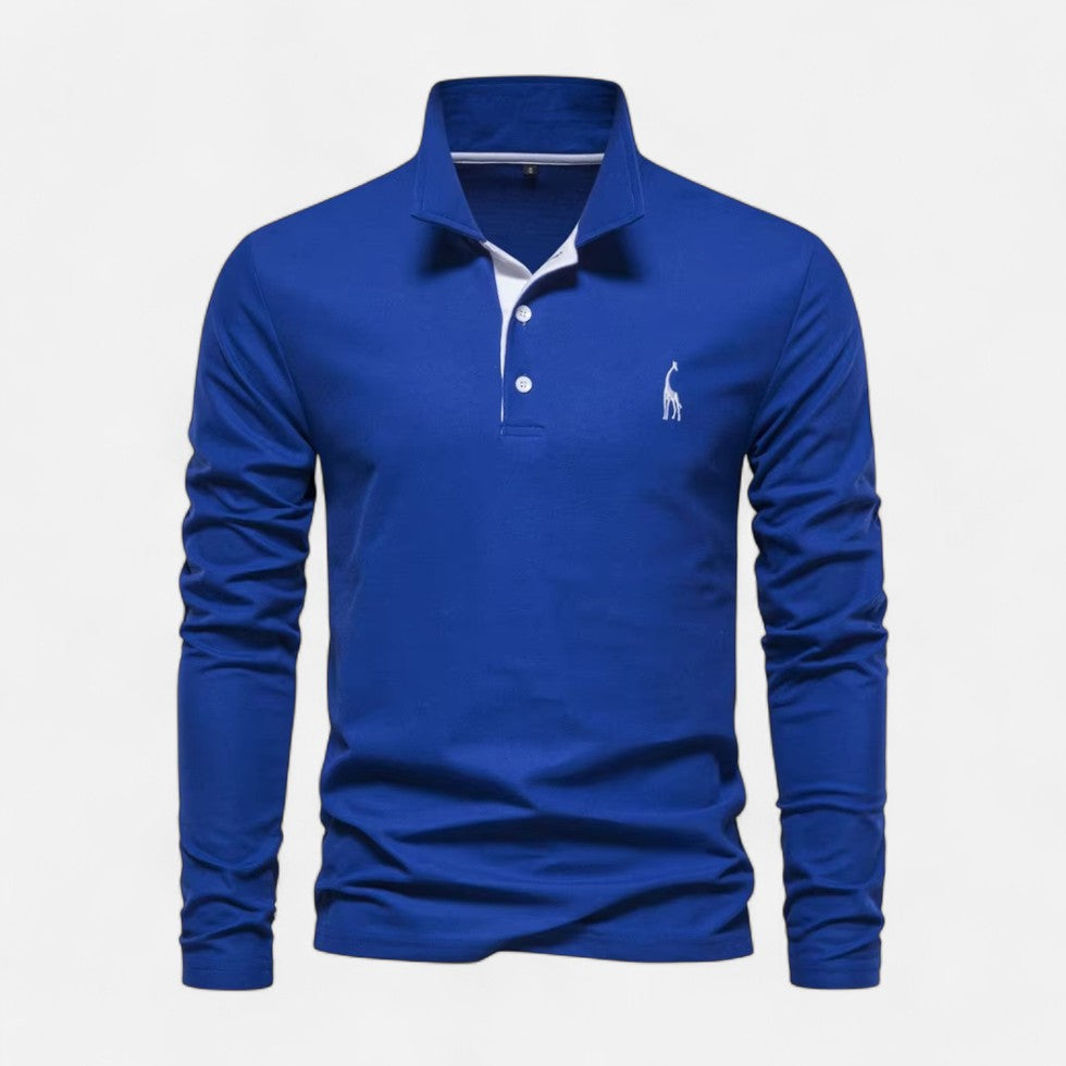 Long-sleeve polo shirt with contrast collar and button placket