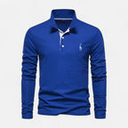Long-sleeve polo shirt with contrast collar and button placket