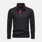 Long-sleeve polo shirt with contrast collar and button placket