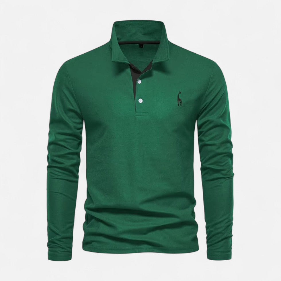 Long-sleeve polo shirt with contrast collar and button placket