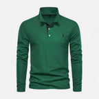 Long-sleeve polo shirt with contrast collar and button placket