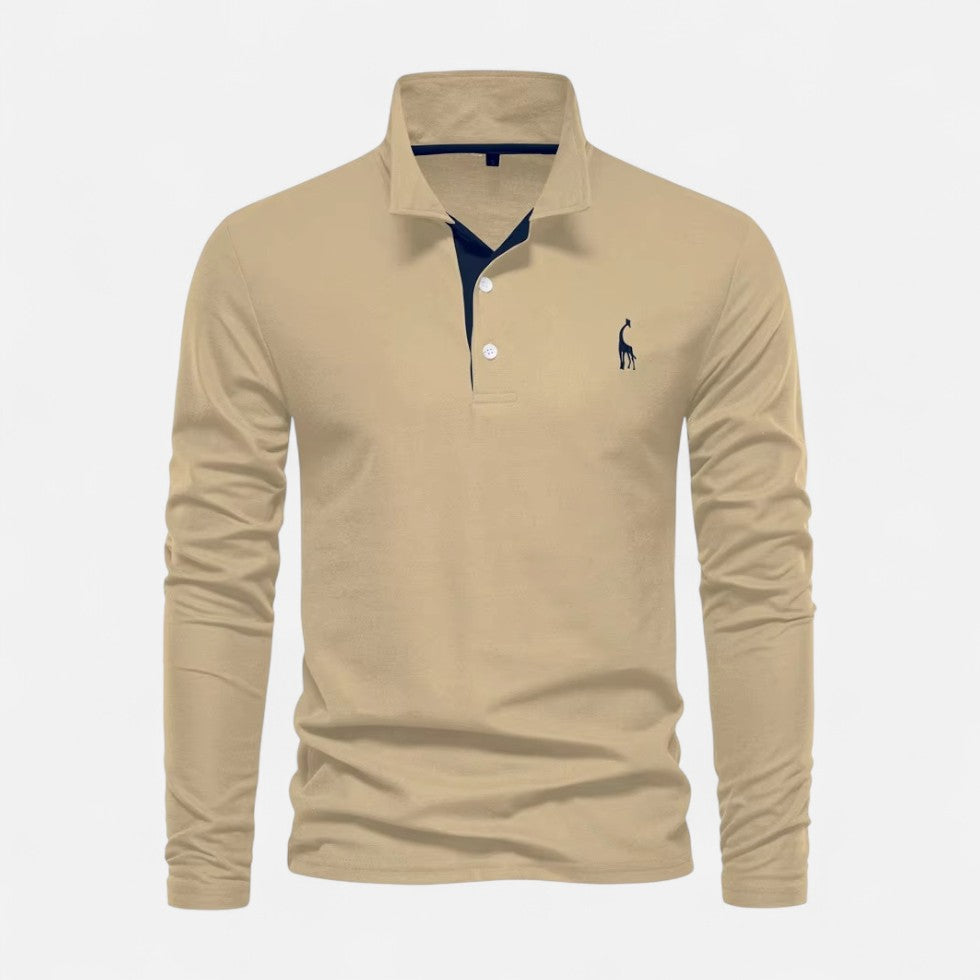 Long-sleeve polo shirt with contrast collar and button placket