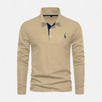 Long-sleeve polo shirt with contrast collar and button placket