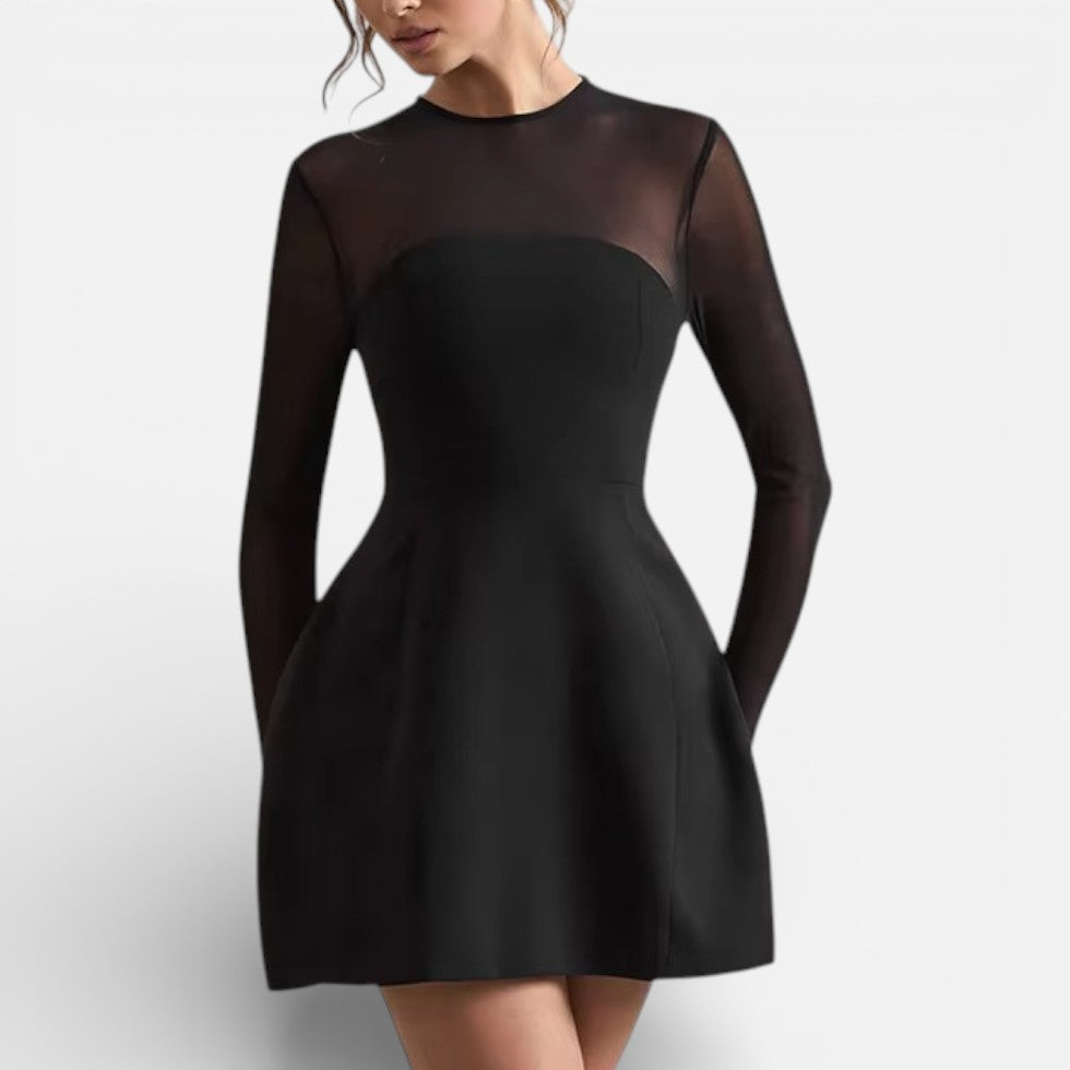 Damen Minikleid mit transparenten Ärmeln und Rundhalsausschnitt