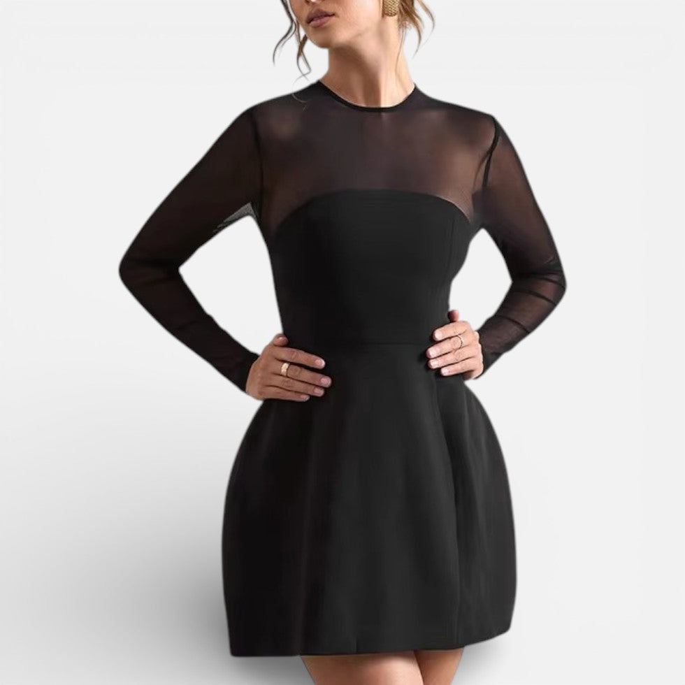 Damen Minikleid mit transparenten Ärmeln und Rundhalsausschnitt