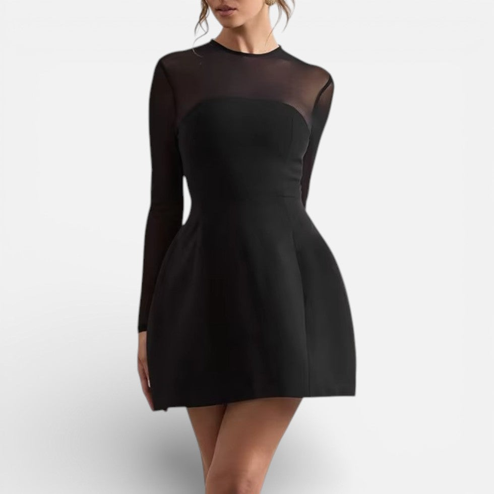 Damen Minikleid mit transparenten Ärmeln und Rundhalsausschnitt