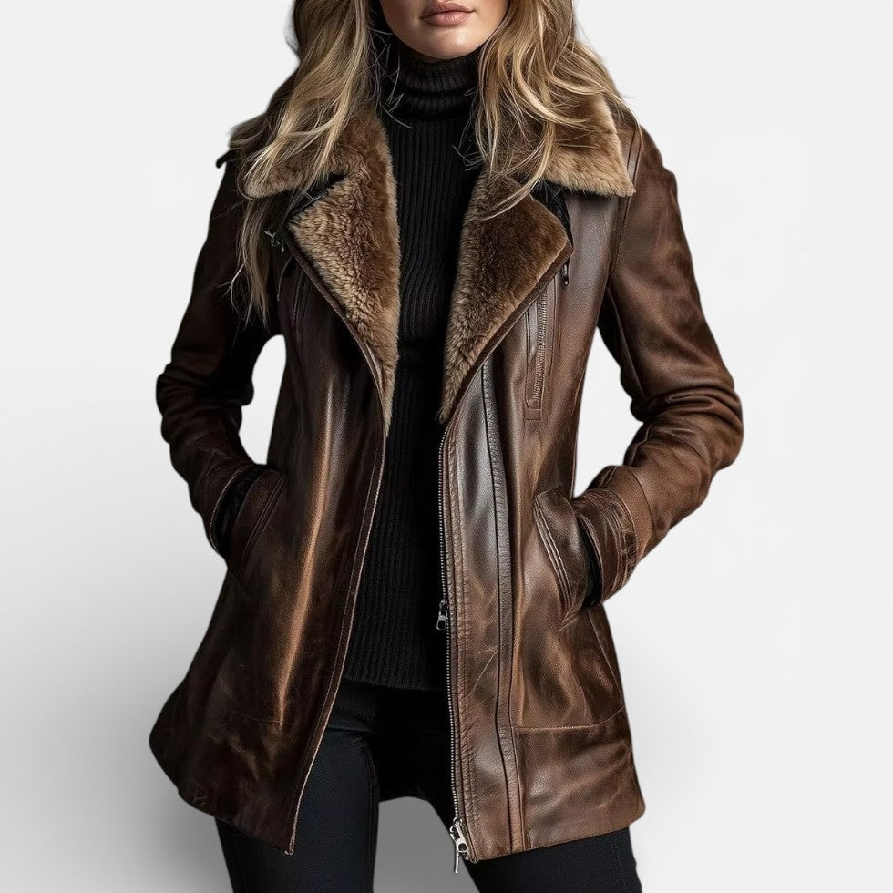 Damen Jacke in Lederoptik mit Kunstfellkragen