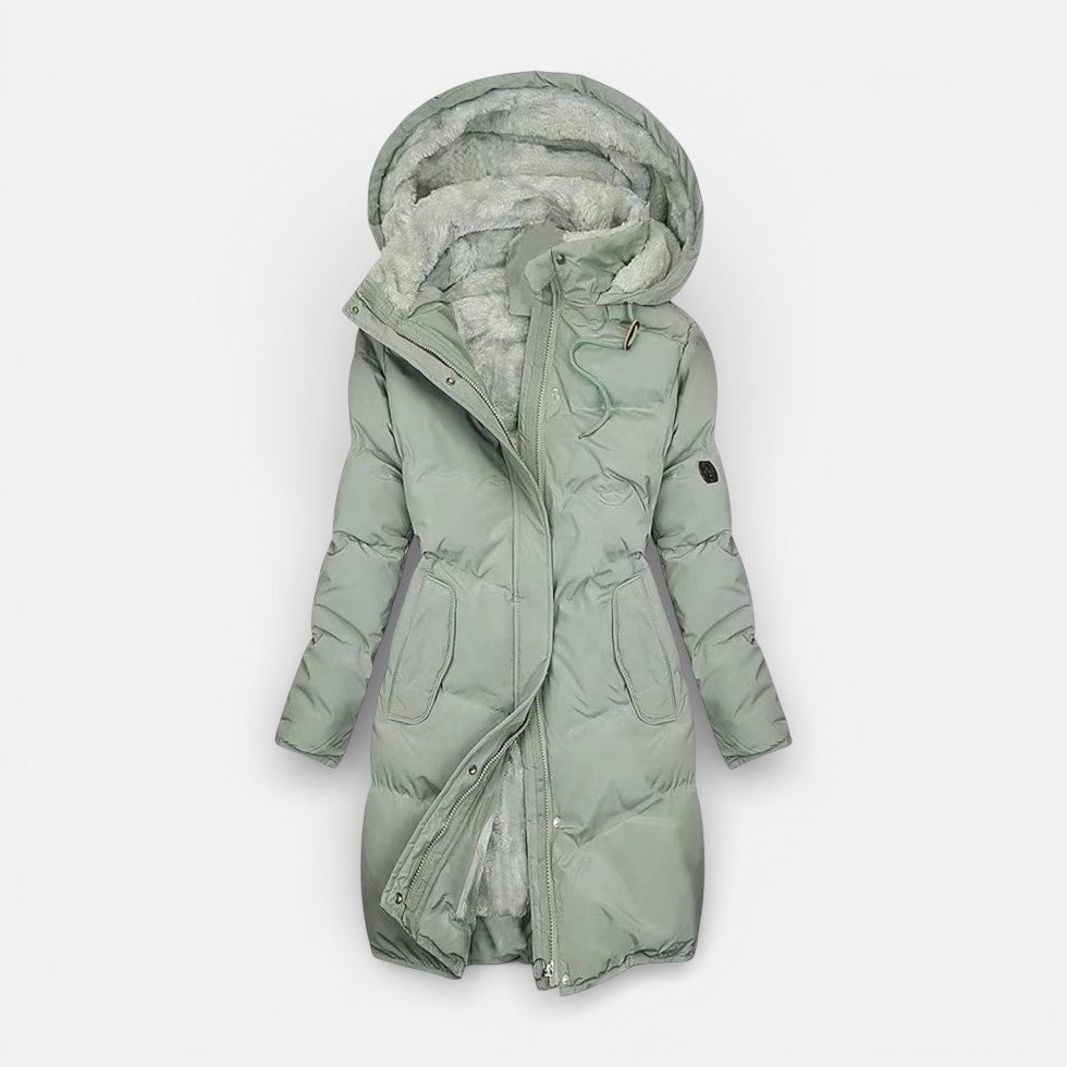 Damen Langer Wintermantel mit Kapuze und Innenfutter