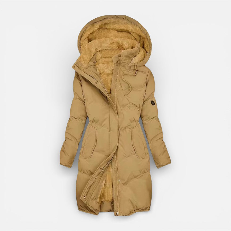 Damen Langer Wintermantel mit Kapuze und Innenfutter