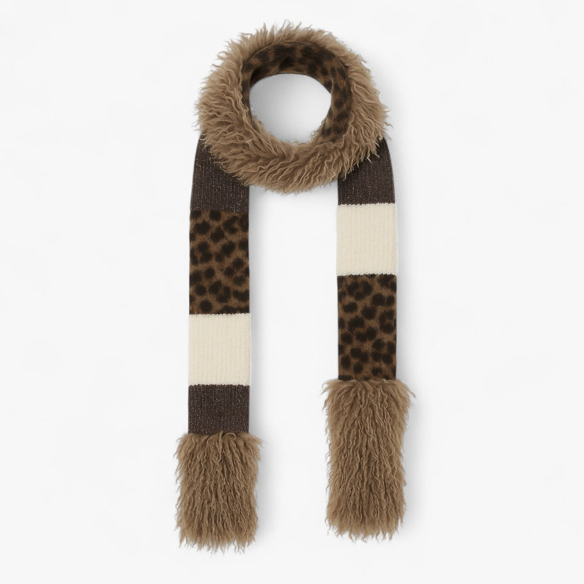 Damen Strickschal mit Leopardenmuster und Fellbommeln – Langer Winterschal, Herbst Winter