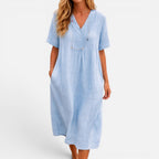 Midi Dress Loose Fit Short Sleeve V-Neck