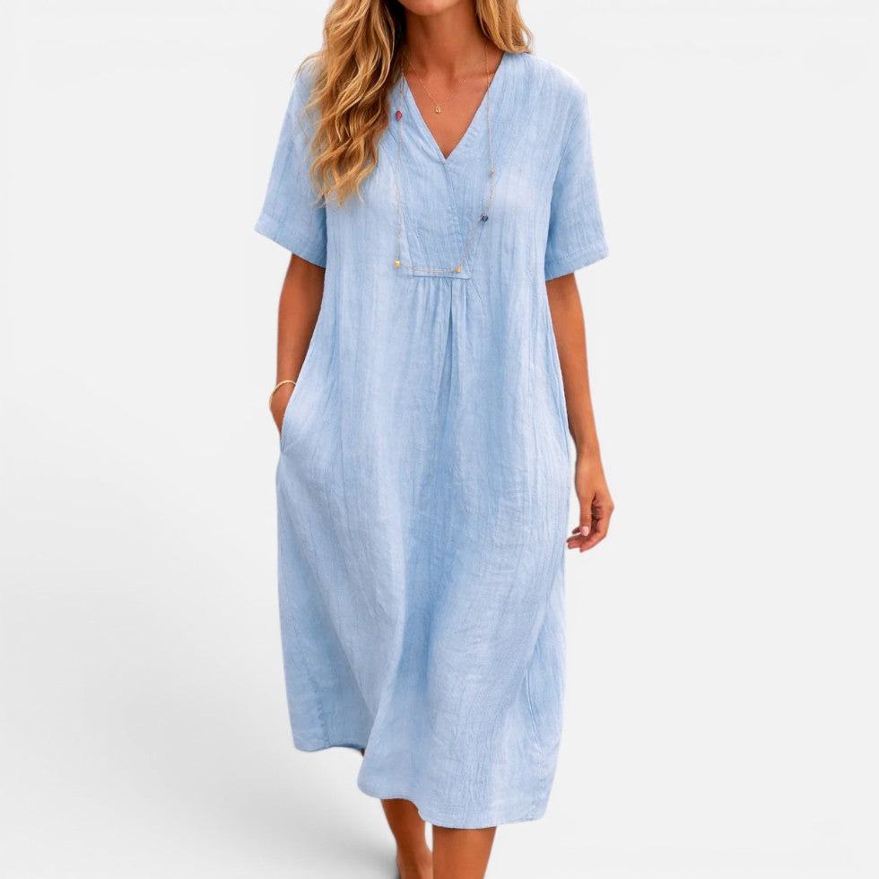 Midi Dress Loose Fit Short Sleeve V-Neck