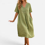 Midi Dress Loose Fit Short Sleeve V-Neck