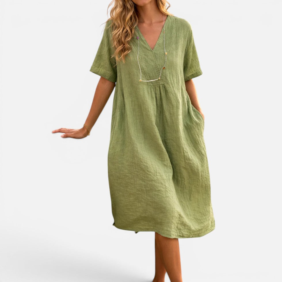 Midi Dress Loose Fit Short Sleeve V-Neck