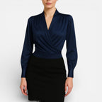 Damebluse langærmet V-hals slå om-look