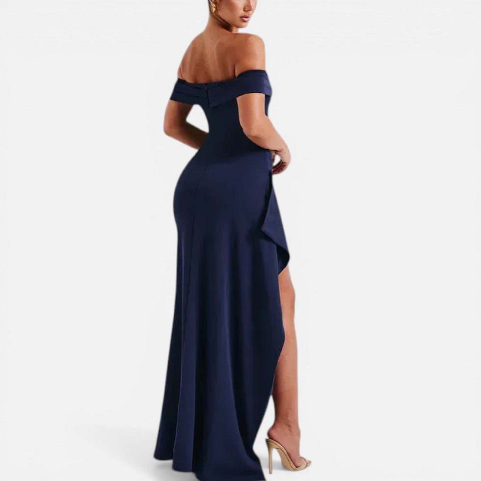 Maxikjole til kvinder, off shoulder med slids og taljeret pasform