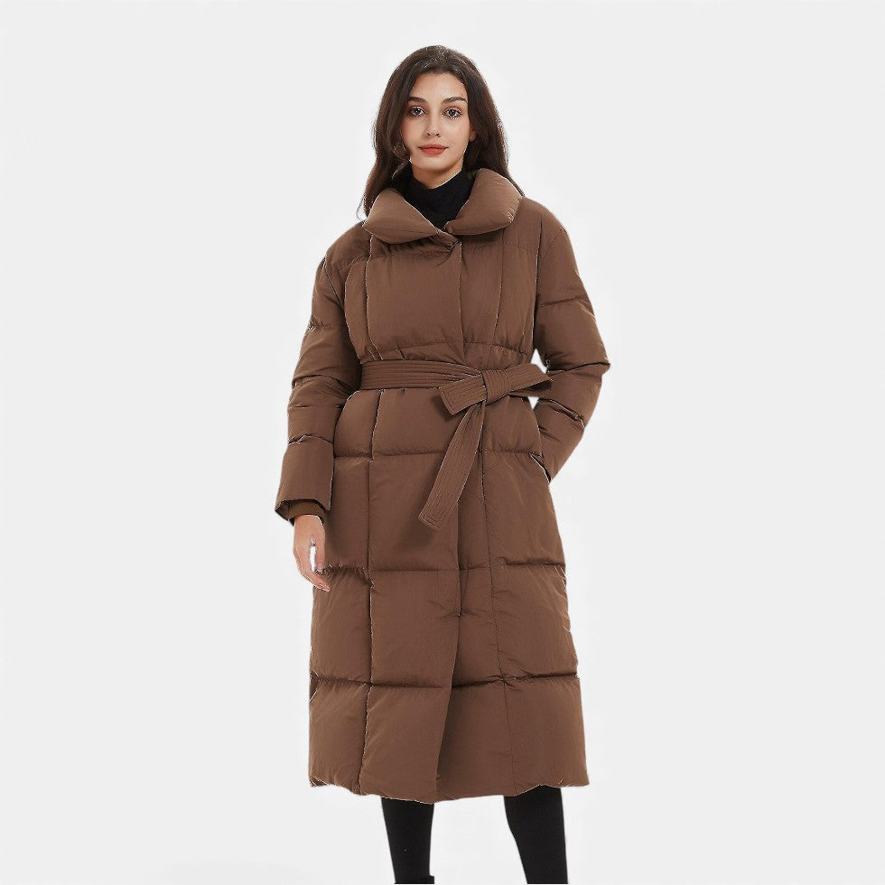 Damen Langer Steppmantel mit Gürtel Winterjacke