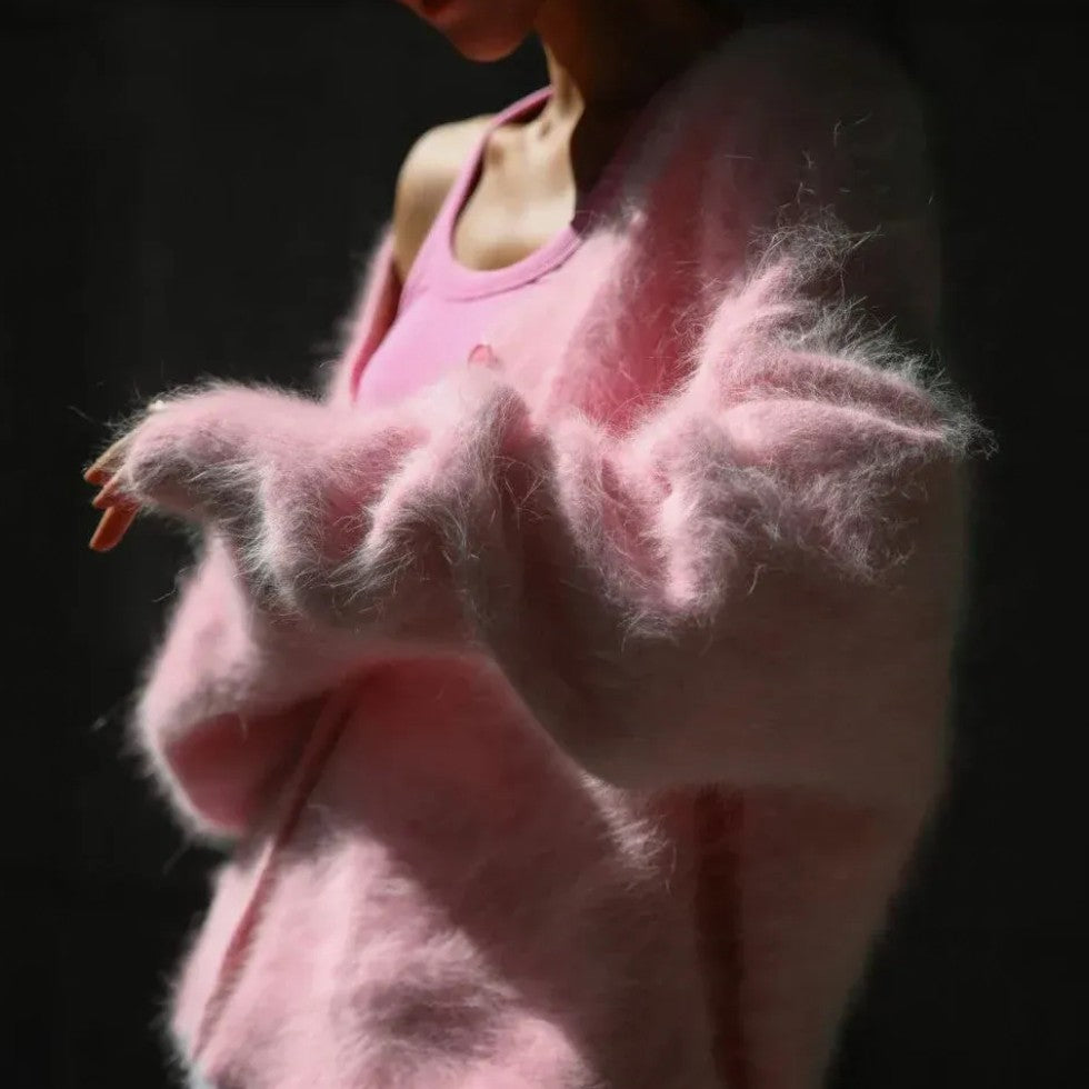 Damen Kaschmir Strickjacke mit flauschiger Oberfläche