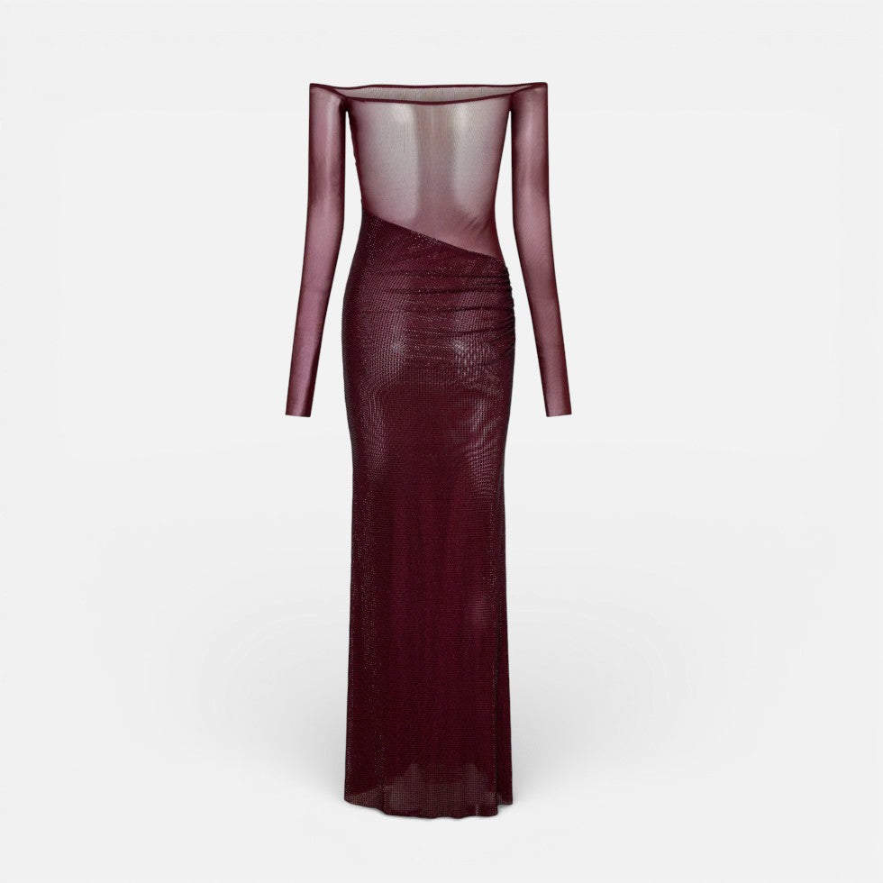 Lang gallakjole med off-shoulder-snit og transparent overdel