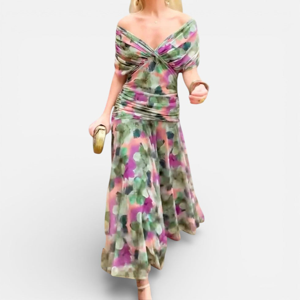 Off-shoulder midikjole med draperinger