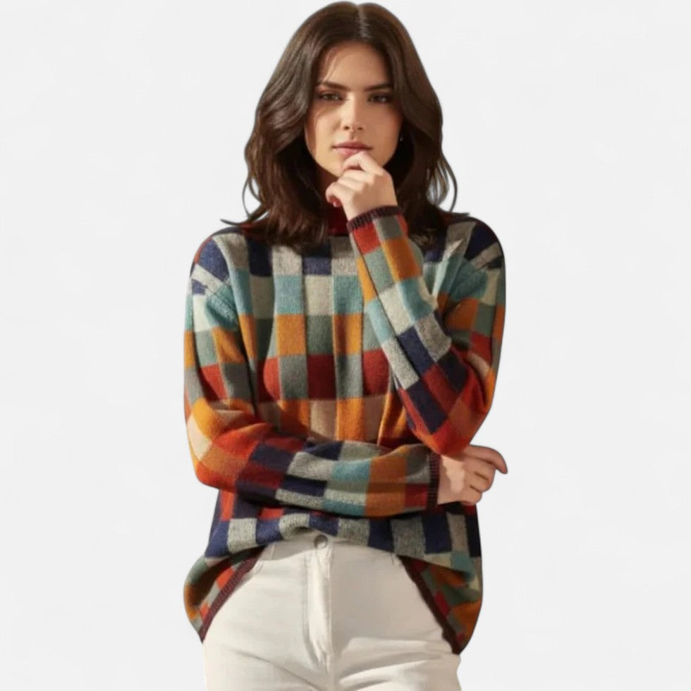 Checked Sweater with Crew Neck for Women