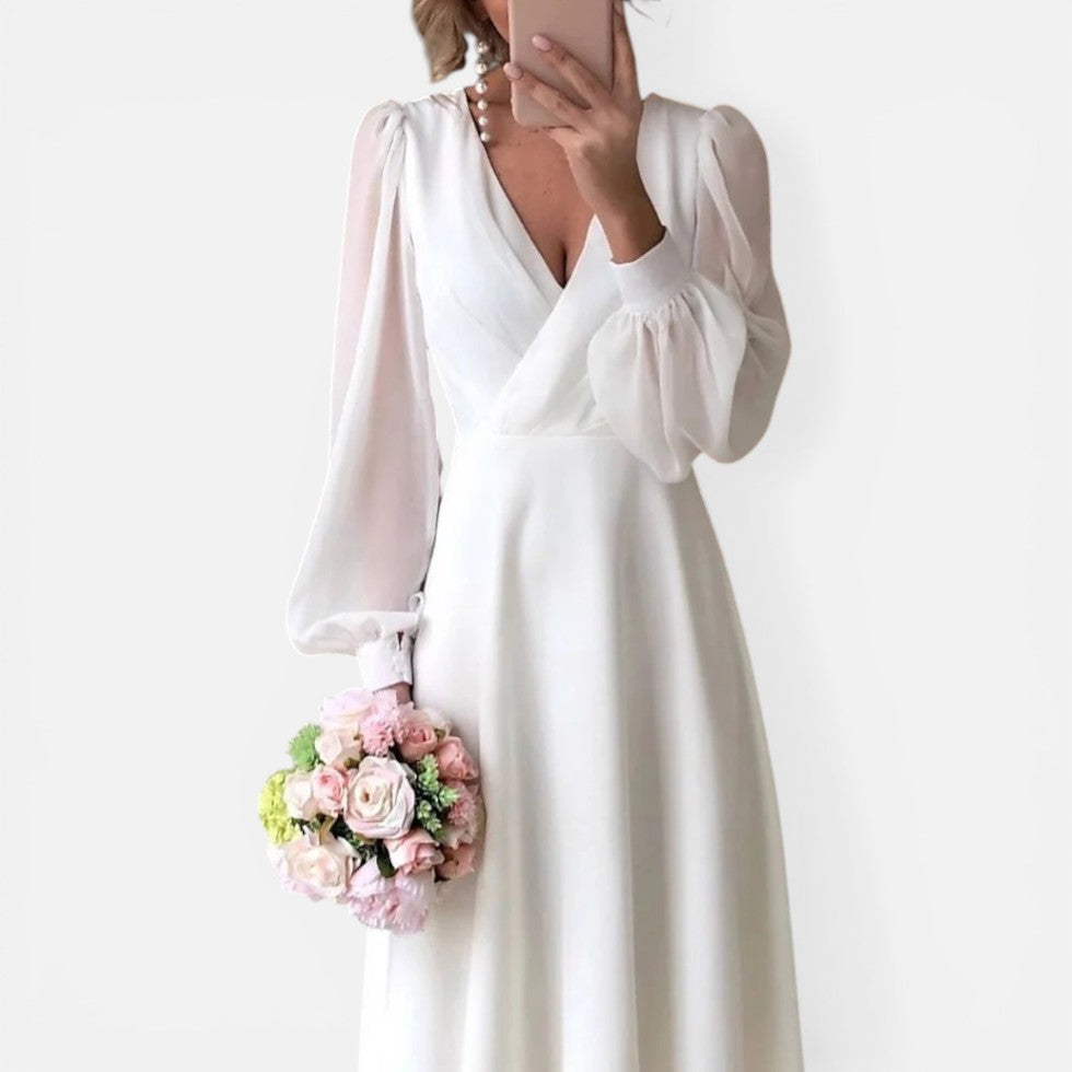 Midikleid mit V Ausschnitt und langen Ärmeln