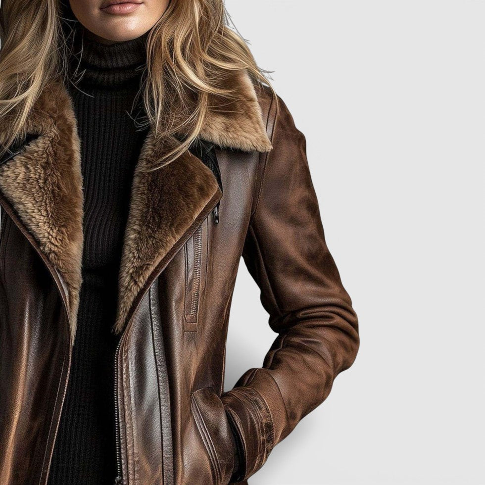 Damen Jacke in Lederoptik mit Kunstfellkragen