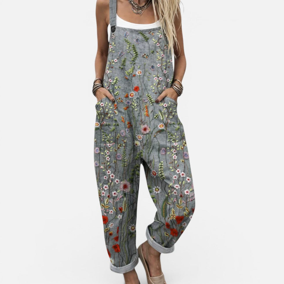 Overall til kvinder med blomstermønster og løs pasform