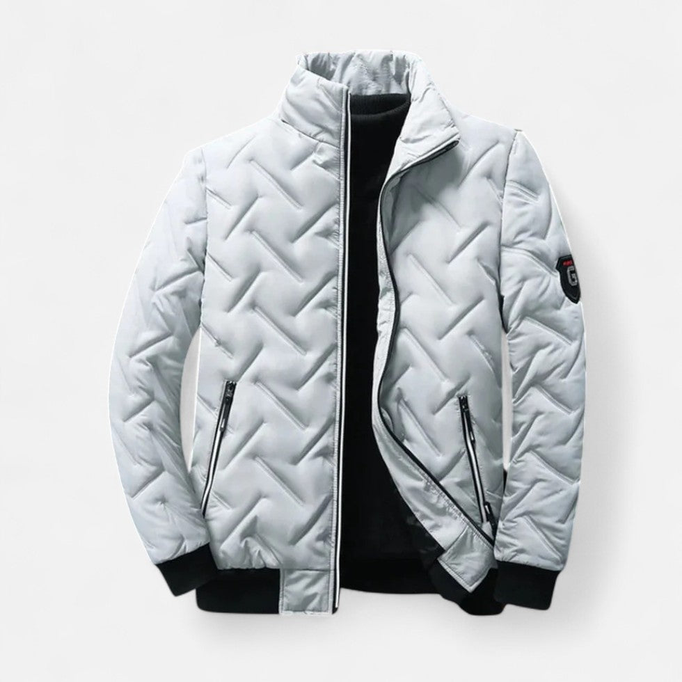 Puffer jacket with stand-up collar and zippered pockets