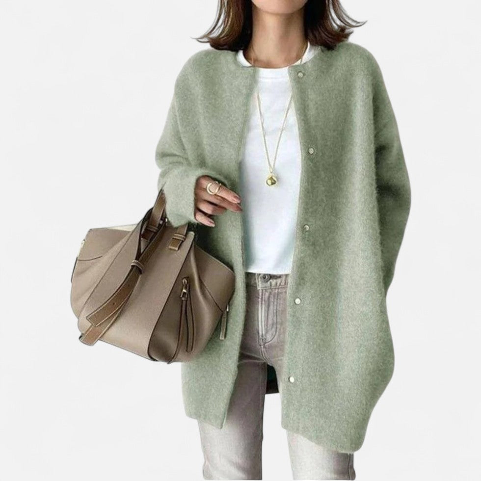 Long knitted cardigan with round neckline for women