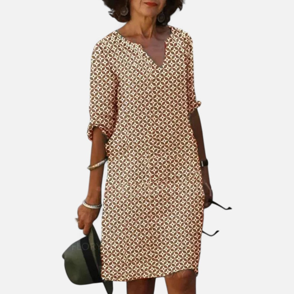 Gemustertes Freizeitkleid mit V-Ausschnitt und Knopfleiste
