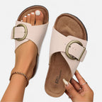 Flat sandals with large buckle for women