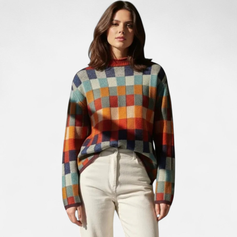 Checked Sweater with Crew Neck for Women