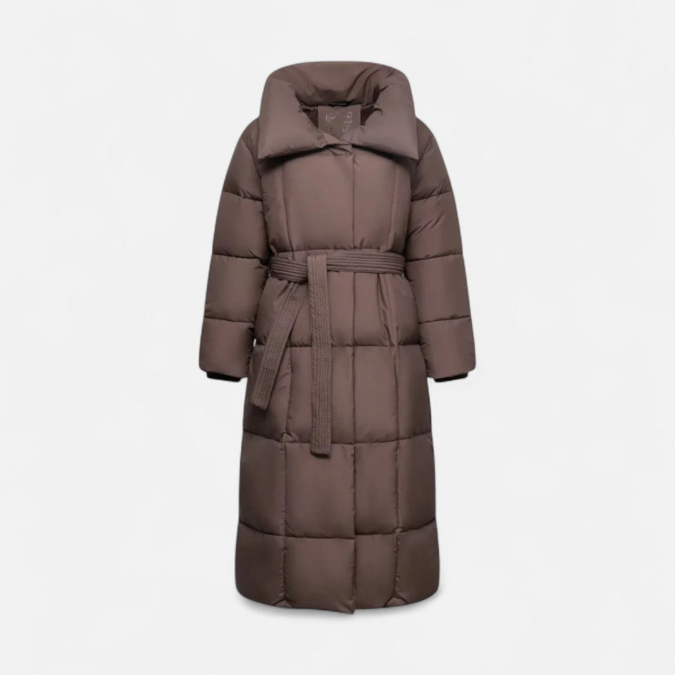 Damen Langer Steppmantel mit Gürtel Winterjacke
