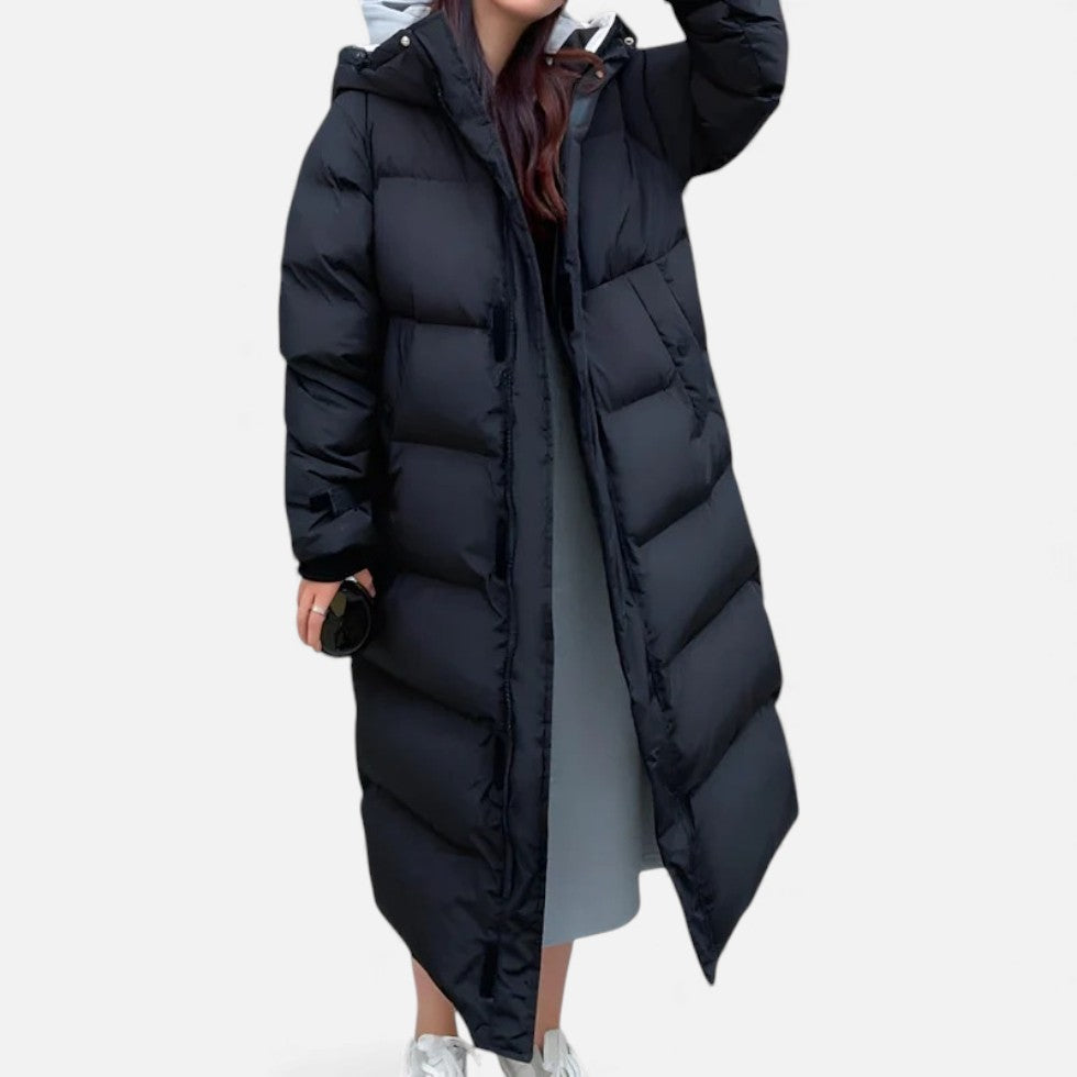 Langer Steppmantel mit Kapuze