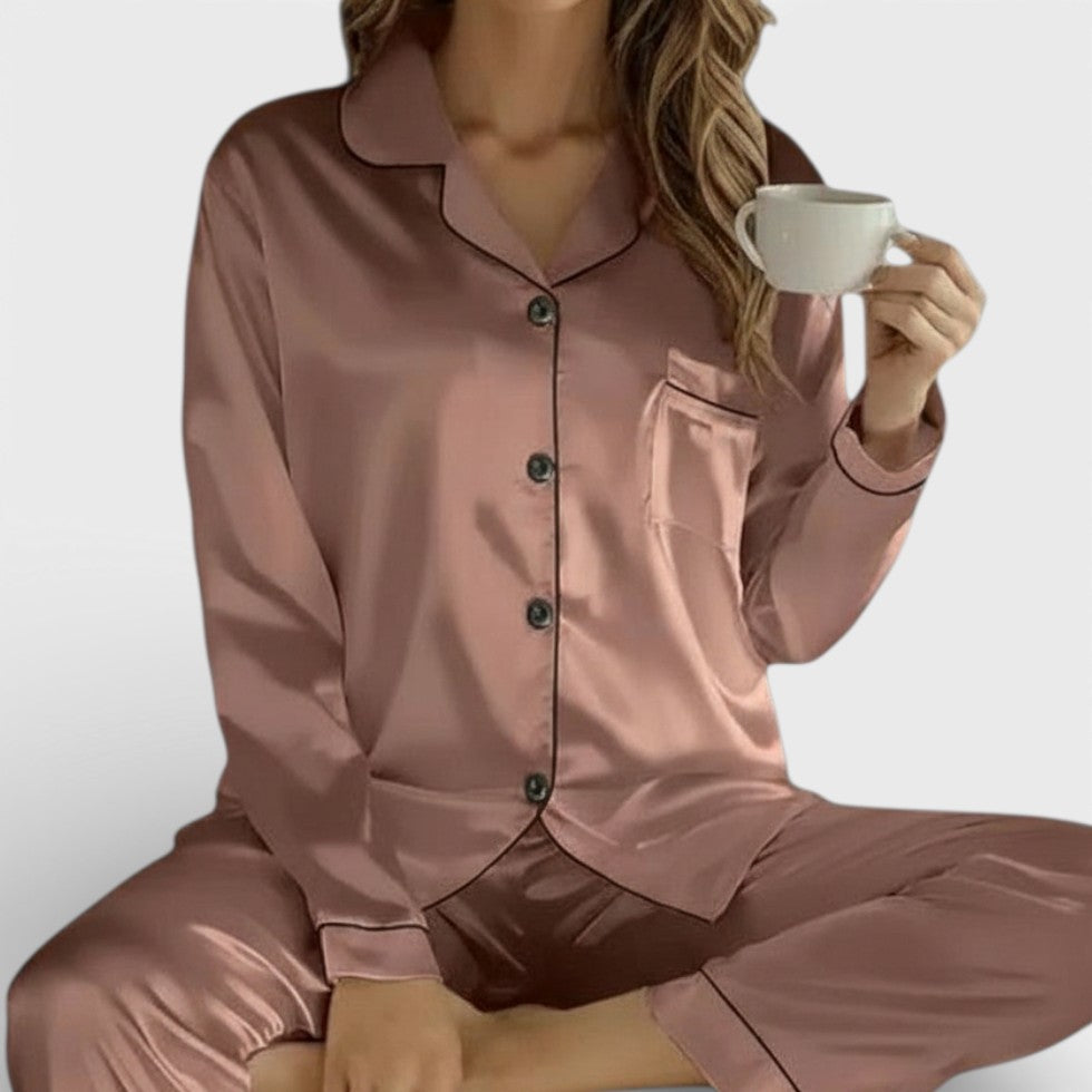 Women's pajama set with button placket and long-sleeve top