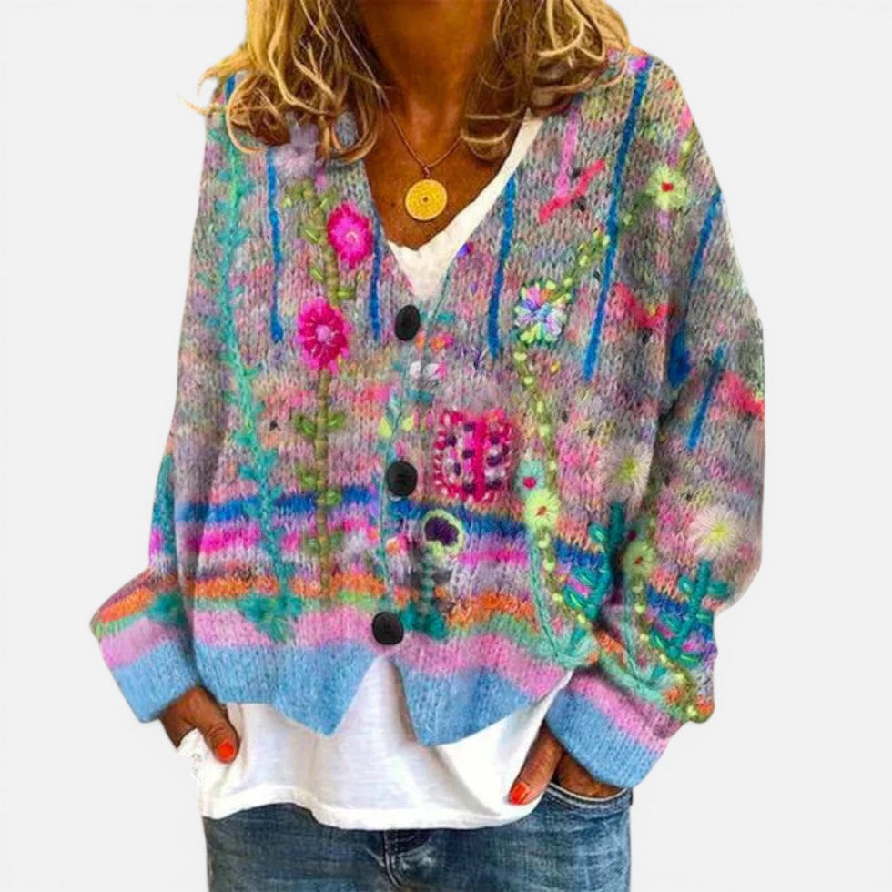 Cardigan til kvinder med blomstermønster og knapper