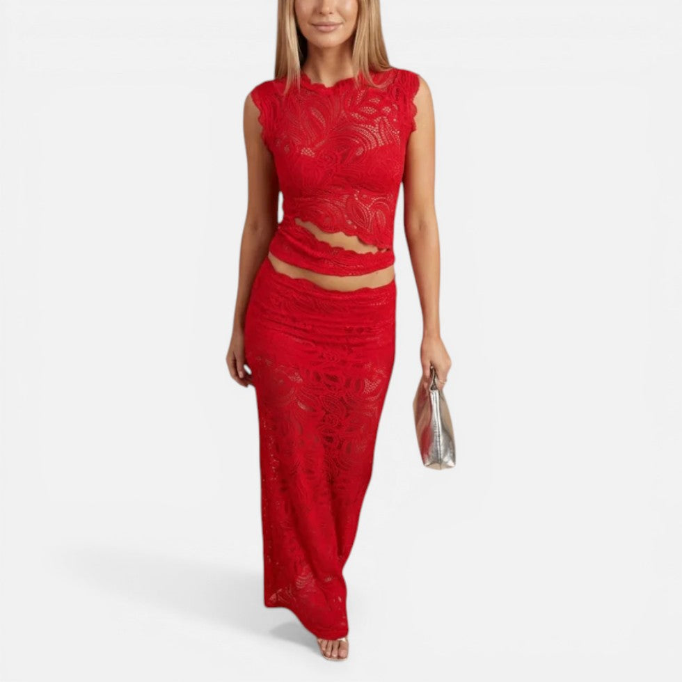 Todelt blondenederdel med crop top og midi-nederdel