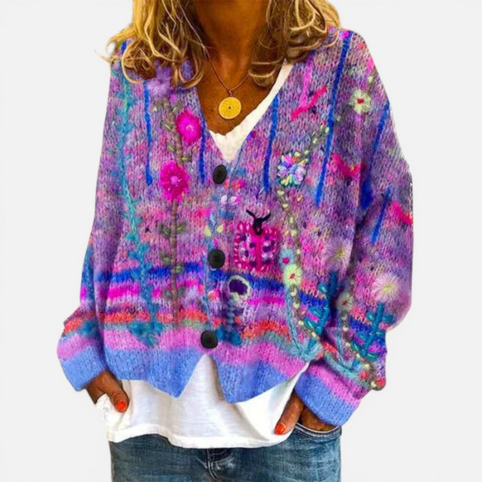 Cardigan til kvinder med blomstermønster og knapper