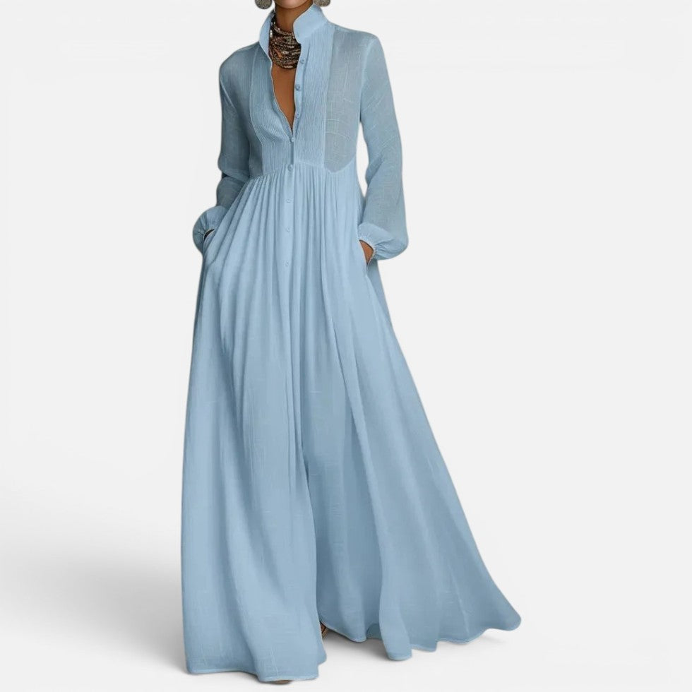 Maxikleid Knopfleiste Stehkragen Langarm