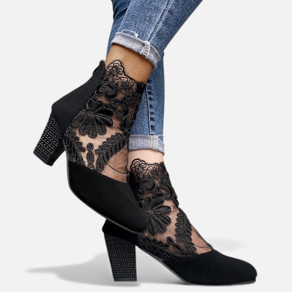 Damen Stiefeletten mit Spitzenbesatz und Blockabsatz
