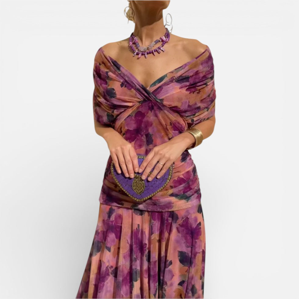Off-shoulder midikjole med draperinger