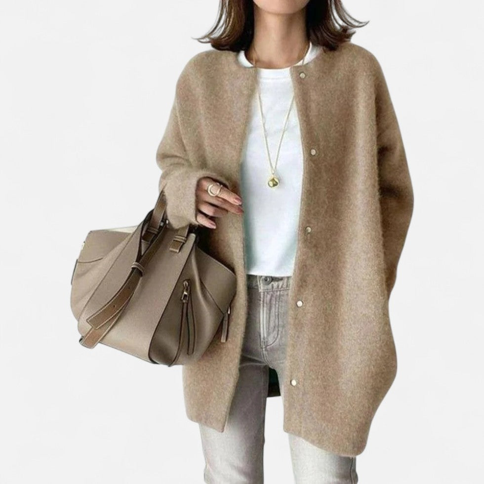 Long knitted cardigan with round neckline for women