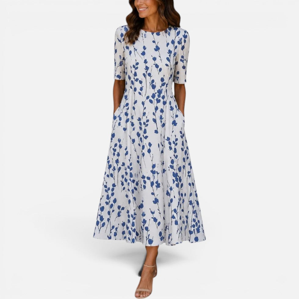 Midikleid Kurzarm Rundhals Blattmuster
