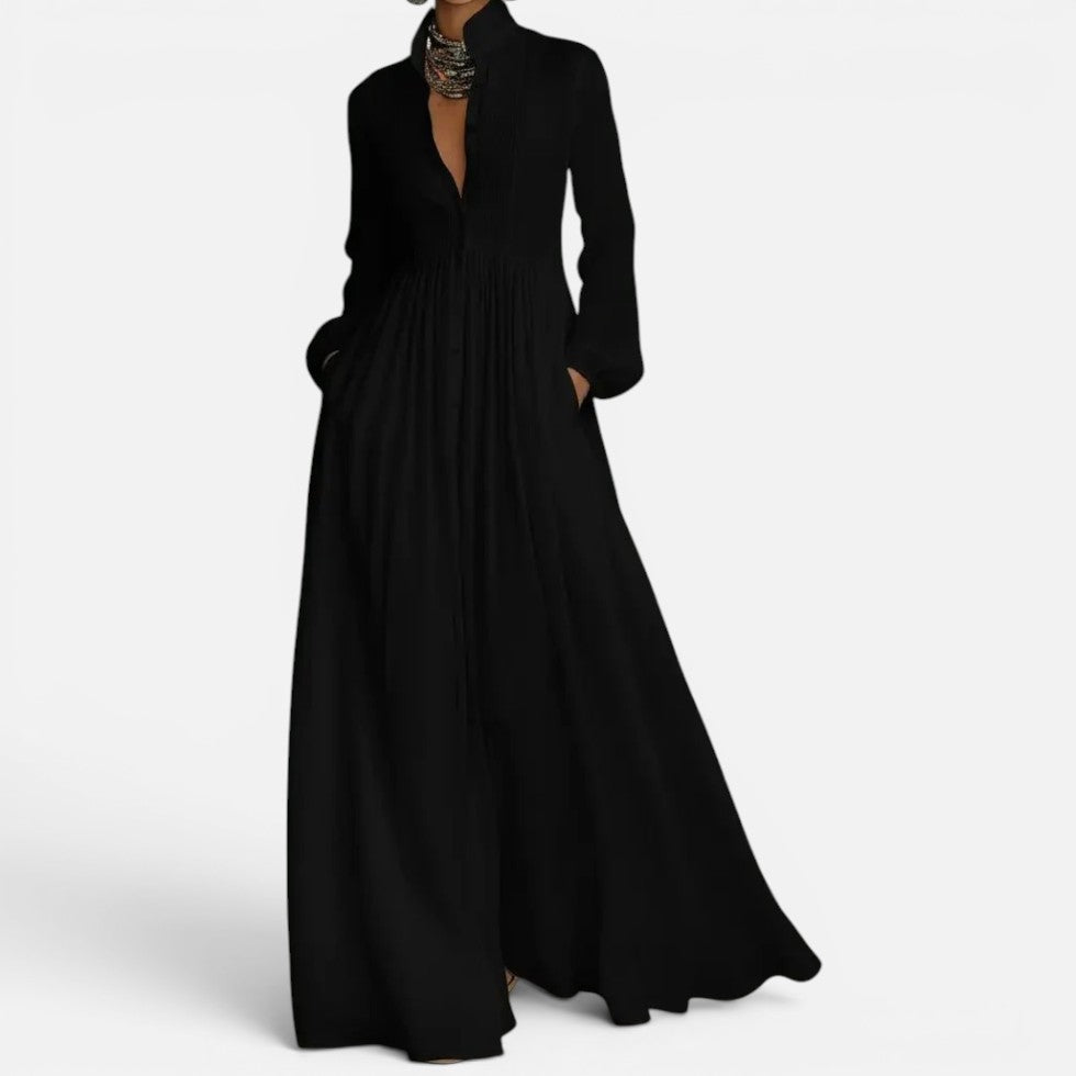 Maxikleid Knopfleiste Stehkragen Langarm