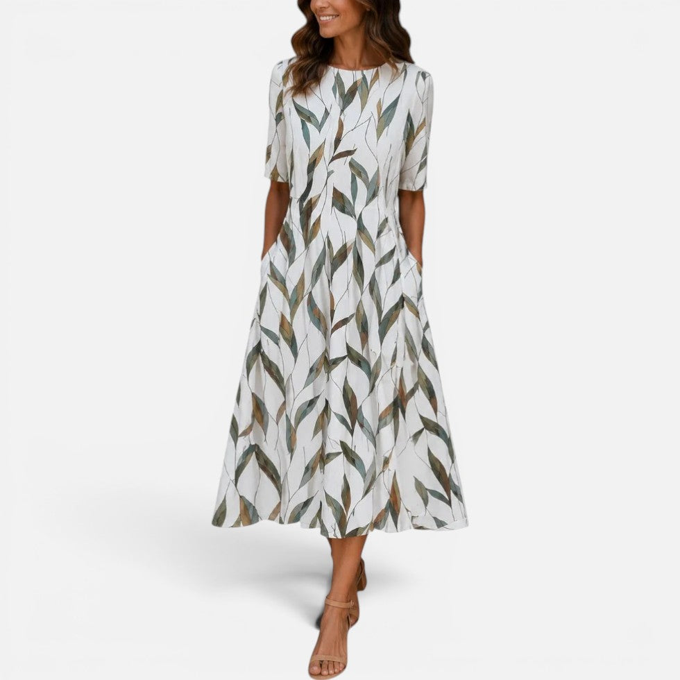 Midikleid Kurzarm Rundhals Blattmuster