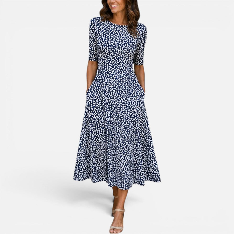 Midikleid Kurzarm Rundhals Blattmuster