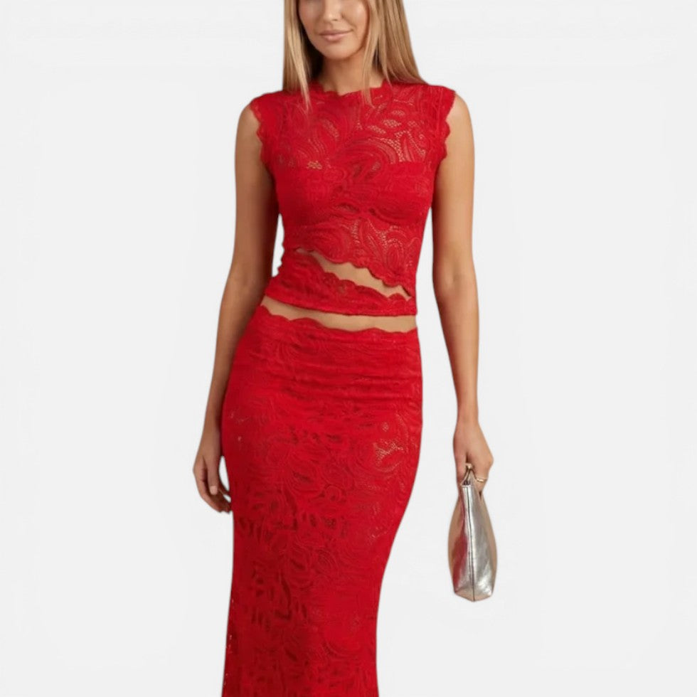 Todelt blondenederdel med crop top og midi-nederdel