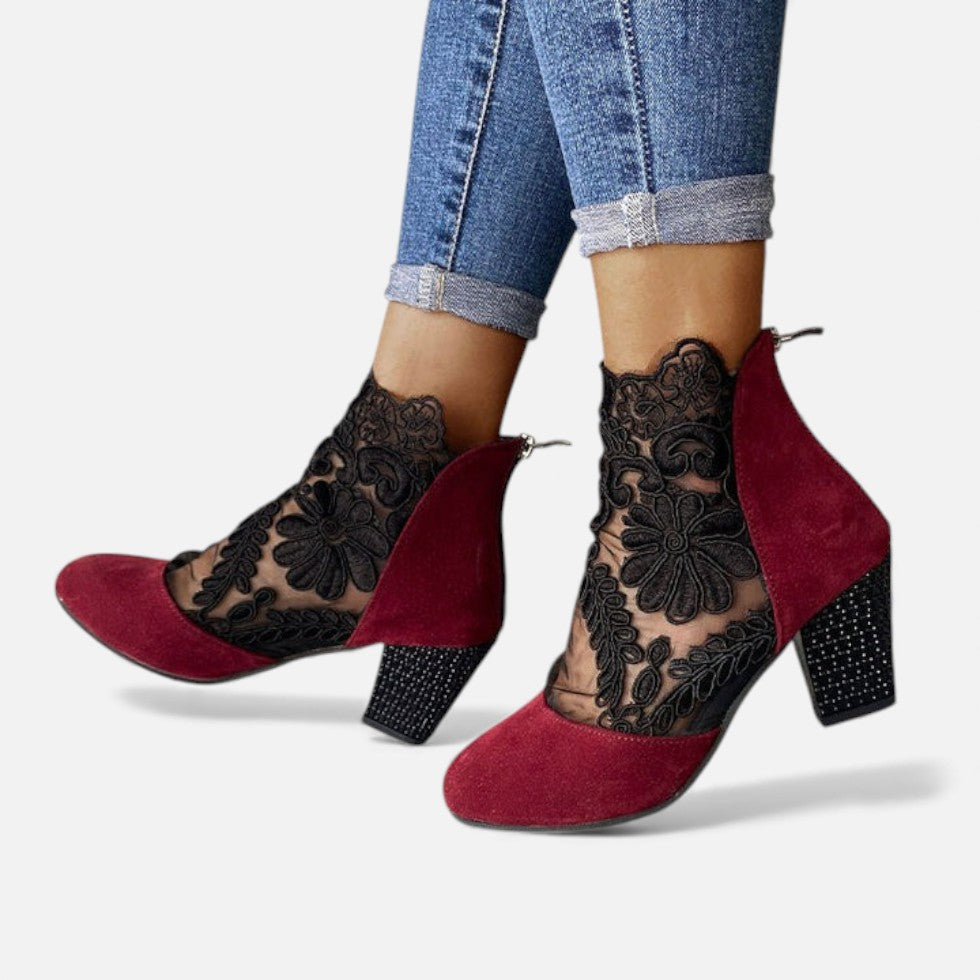 Damen Stiefeletten mit Spitzenbesatz und Blockabsatz