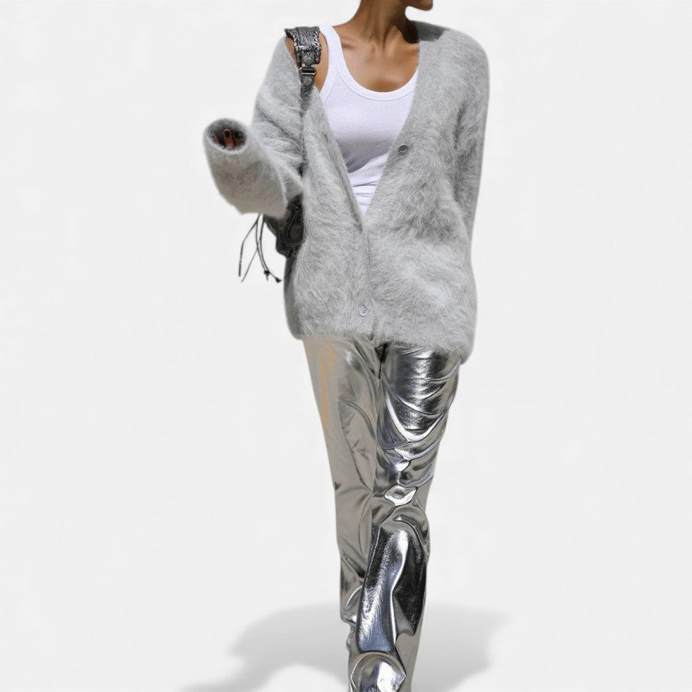 Damen Kaschmir Strickjacke mit flauschiger Oberfläche